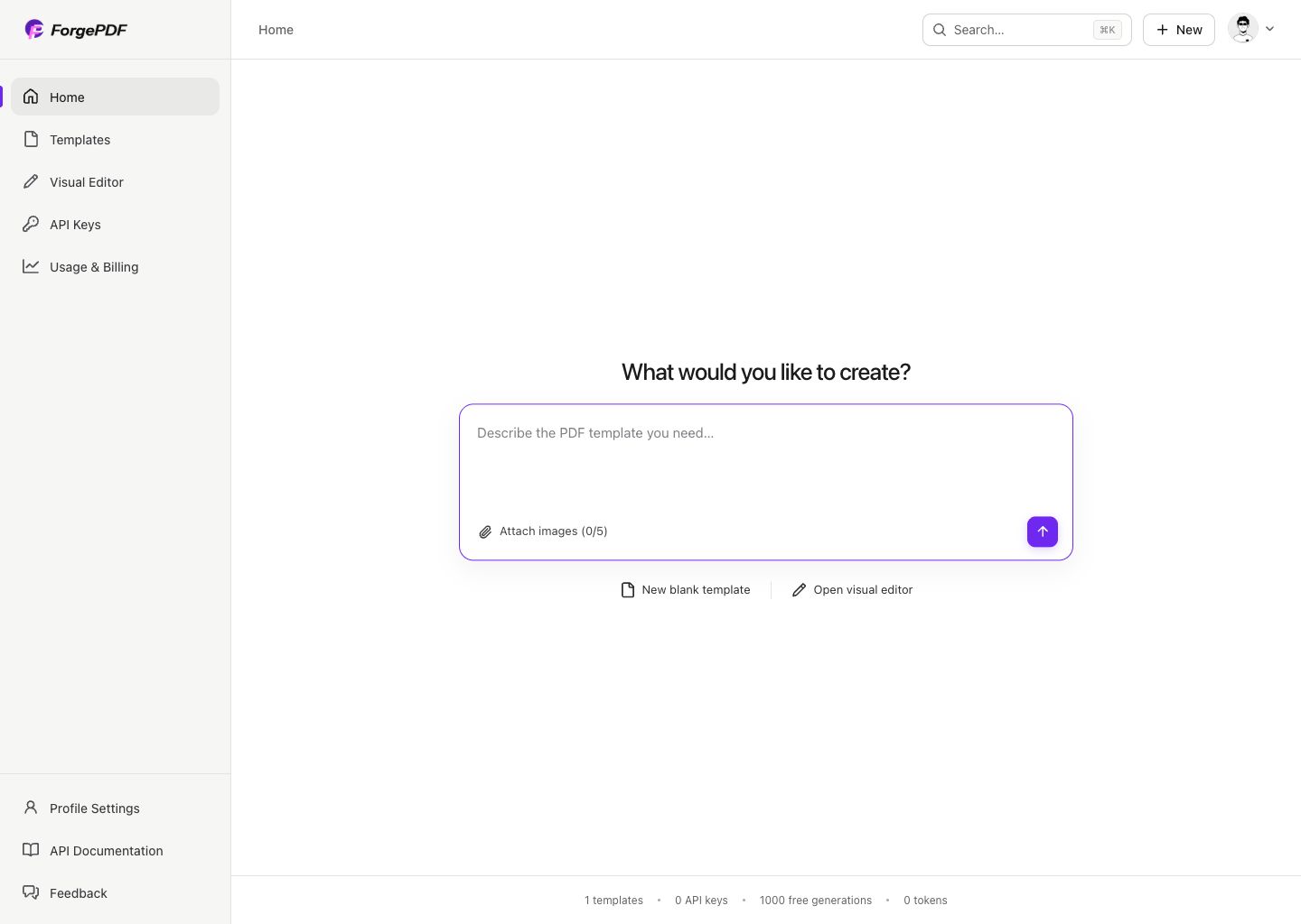 ForgePDF AI template creator asking what PDF the user wants to create
